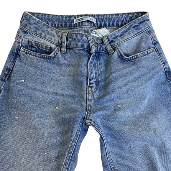 Zara Womens Light Blue Denim Jeans 1975 Crystal Embellished Straight Leg Size 00 - Picture 3 of 11